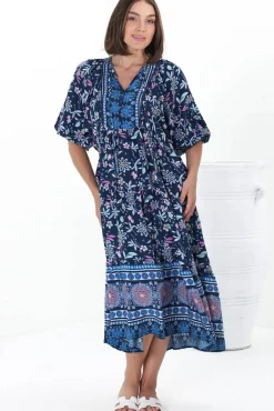 Kamali Midi Dress - Batwing Sleeve Smock Dress with Lace Detailing in Thanya Print Blue><noscript><img width=