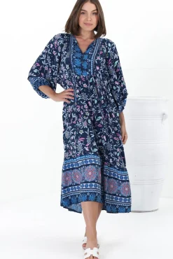 Kamali Midi Dress - Batwing Sleeve Smock Dress with Lace Detailing in Thanya Print Blue><noscript><img width=