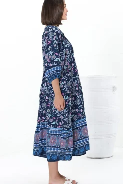Kamali Midi Dress - Batwing Sleeve Smock Dress with Lace Detailing in Thanya Print Blue><noscript><img width=