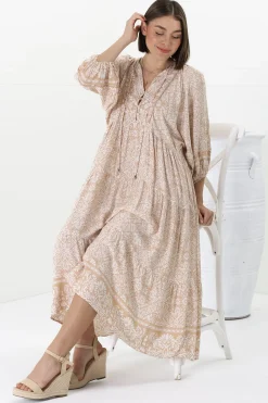 Kamali Midi Dress - Batwing Sleeve Smock Dress with Lace Detailing in Harley Print Beige><noscript><img width=