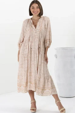 Kamali Midi Dress - Batwing Sleeve Smock Dress with Lace Detailing in Harley Print Beige><noscript><img width=