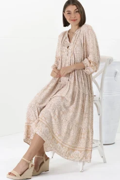 Kamali Midi Dress - Batwing Sleeve Smock Dress with Lace Detailing in Harley Print Beige><noscript><img width=