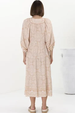 Kamali Midi Dress - Batwing Sleeve Smock Dress with Lace Detailing in Harley Print Beige><noscript><img width=