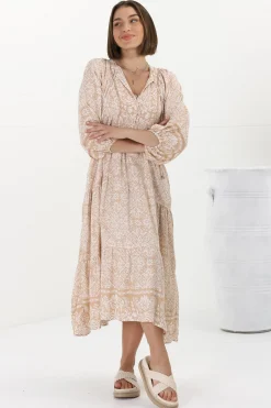 Kamali Midi Dress - Batwing Sleeve Smock Dress with Lace Detailing in Harley Print Beige><noscript><img width=