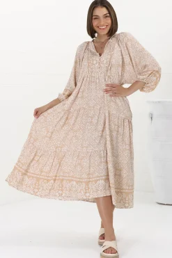 Kamali Midi Dress - Batwing Sleeve Smock Dress with Lace Detailing in Harley Print Beige><noscript><img width=
