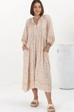 Kamali Midi Dress - Batwing Sleeve Smock Dress with Lace Detailing in Harley Print Beige><noscript><img width=