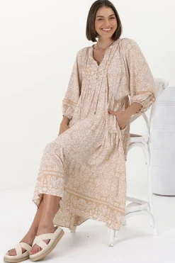 Kamali Midi Dress - Batwing Sleeve Smock Dress with Lace Detailing in Harley Print Beige><noscript><img width=