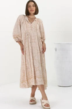 Kamali Midi Dress - Batwing Sleeve Smock Dress with Lace Detailing in Harley Print Beige><noscript><img width=
