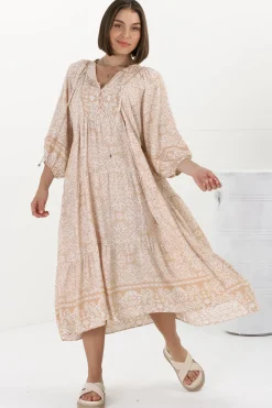 Kamali Midi Dress - Batwing Sleeve Smock Dress with Lace Detailing in Harley Print Beige><noscript><img width=