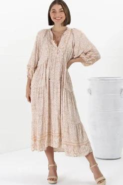 Kamali Midi Dress - Batwing Sleeve Smock Dress with Lace Detailing in Harley Print Beige><noscript><img width=