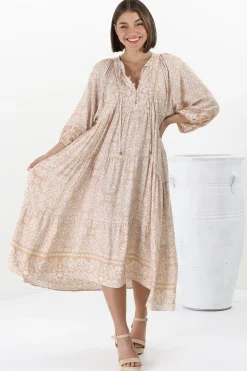 Kamali Midi Dress - Batwing Sleeve Smock Dress with Lace Detailing in Harley Print Beige><noscript><img width=