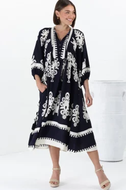 Kamali Midi Dress - Batwing Sleeve Smock Dress with Lace Detailing in Casper Print Navy>Salty Crush