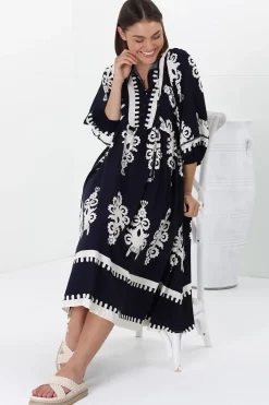 Kamali Midi Dress - Batwing Sleeve Smock Dress with Lace Detailing in Casper Print Navy><noscript><img width=