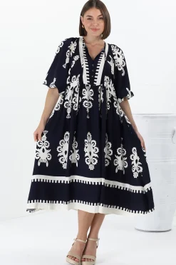 Kamali Midi Dress - Batwing Sleeve Smock Dress with Lace Detailing in Casper Print Navy><noscript><img width=