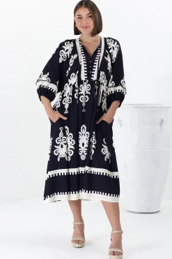 Kamali Midi Dress - Batwing Sleeve Smock Dress with Lace Detailing in Casper Print Navy><noscript><img width=