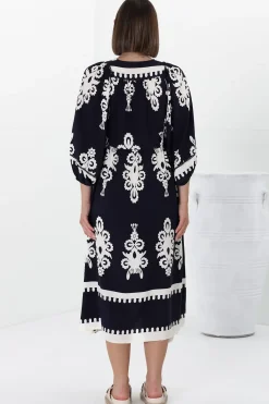 Kamali Midi Dress - Batwing Sleeve Smock Dress with Lace Detailing in Casper Print Navy><noscript><img width=