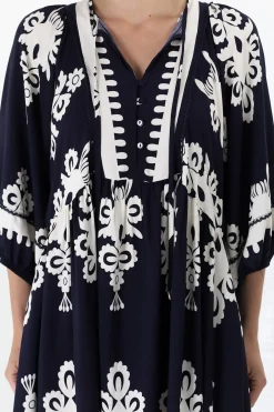 Kamali Midi Dress - Batwing Sleeve Smock Dress with Lace Detailing in Casper Print Navy><noscript><img width=