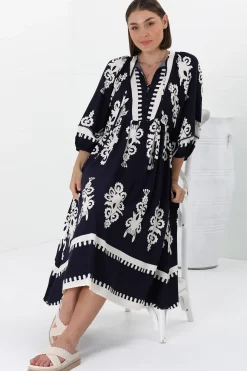Kamali Midi Dress - Batwing Sleeve Smock Dress with Lace Detailing in Casper Print Navy><noscript><img width=