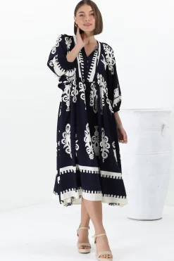 Kamali Midi Dress - Batwing Sleeve Smock Dress with Lace Detailing in Casper Print Navy><noscript><img width=