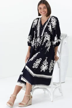 Kamali Midi Dress - Batwing Sleeve Smock Dress with Lace Detailing in Casper Print Navy><noscript><img width=