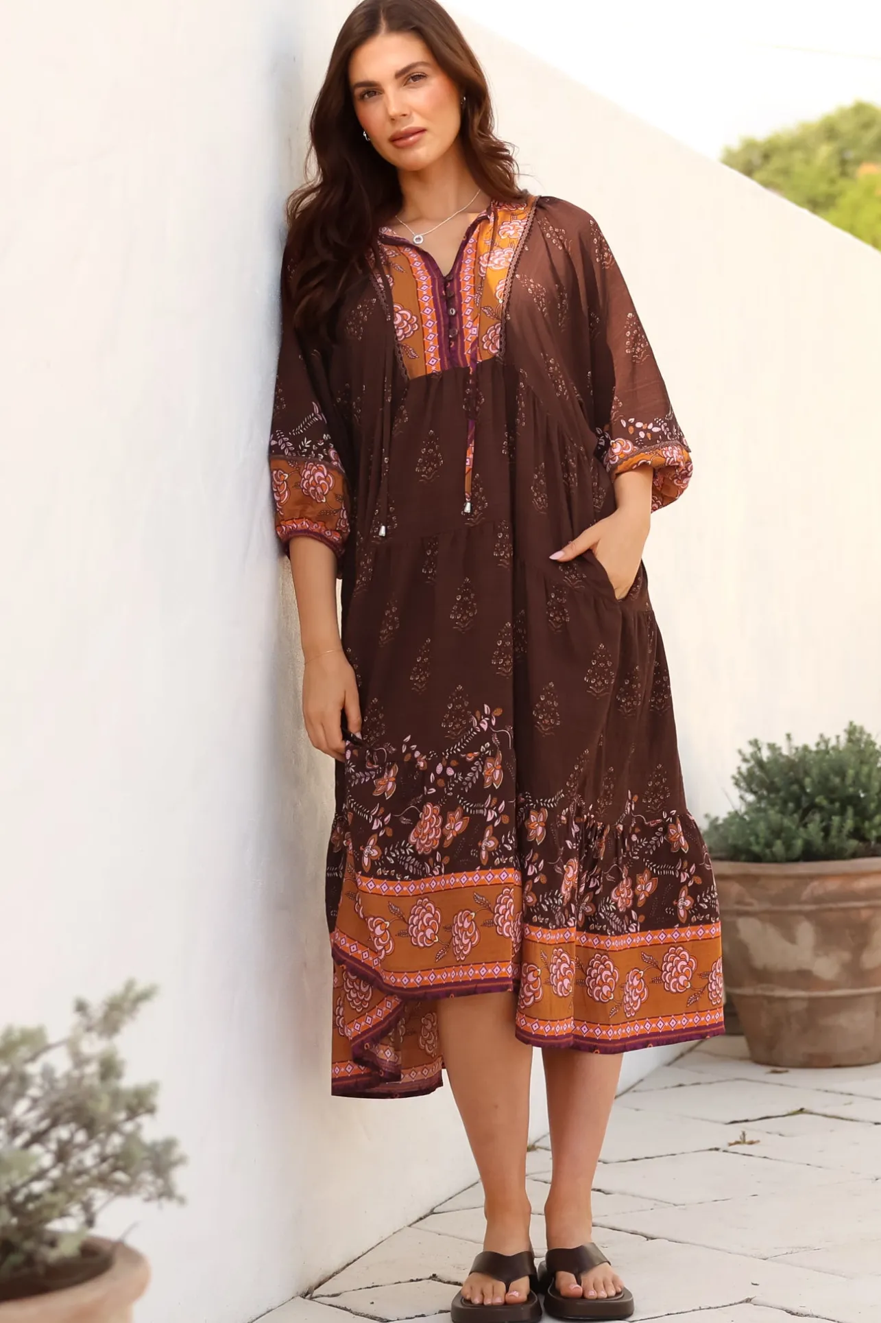 Kamali Midi Dress - Batwing Sleeve Smock Dress with Lace Detailing in Ruyi Print Brown>Salty Crush Hot