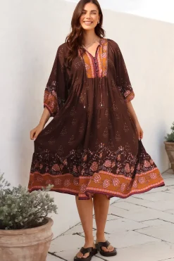 Kamali Midi Dress - Batwing Sleeve Smock Dress with Lace Detailing in Ruyi Print Brown>Salty Crush Hot