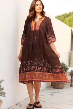 Kamali Midi Dress - Batwing Sleeve Smock Dress with Lace Detailing in Ruyi Print Brown><noscript><img width=