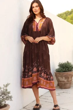 Kamali Midi Dress - Batwing Sleeve Smock Dress with Lace Detailing in Ruyi Print Brown><noscript><img width=