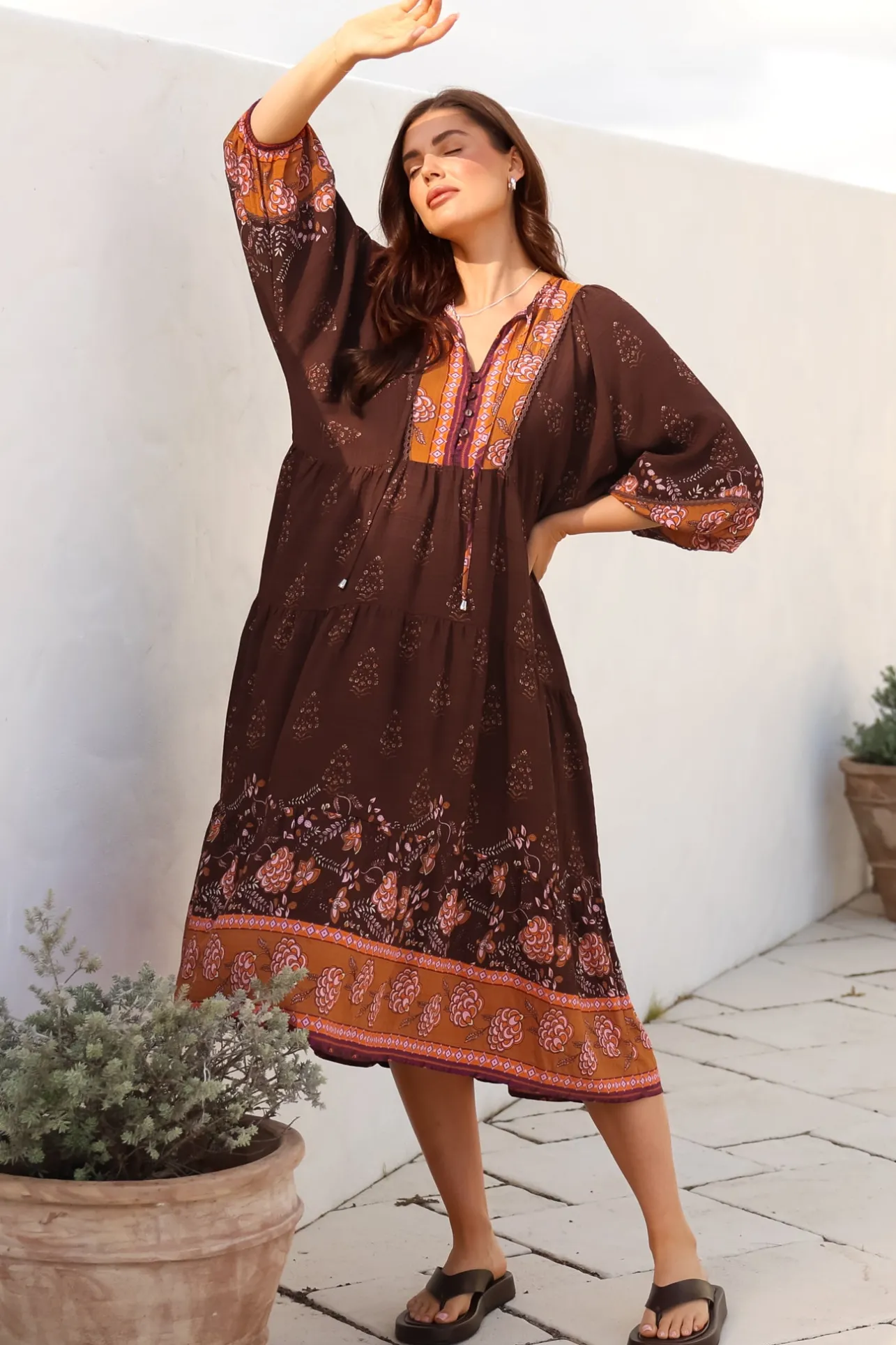 Kamali Midi Dress - Batwing Sleeve Smock Dress with Lace Detailing in Ruyi Print Brown>Salty Crush Hot