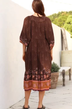 Kamali Midi Dress - Batwing Sleeve Smock Dress with Lace Detailing in Ruyi Print Brown><noscript><img width=