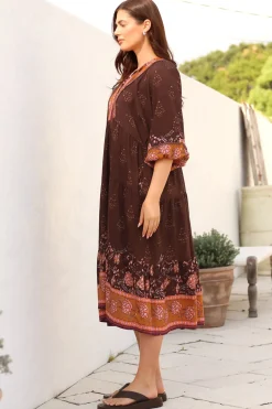 Kamali Midi Dress - Batwing Sleeve Smock Dress with Lace Detailing in Ruyi Print Brown><noscript><img width=