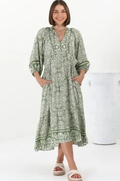 Kamali Midi Dress - Batwing Sleeve Smock Dress with Lace Detailing in Harley Print Green>Salty Crush New