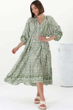 Kamali Midi Dress - Batwing Sleeve Smock Dress with Lace Detailing in Harley Print Green><noscript><img width=