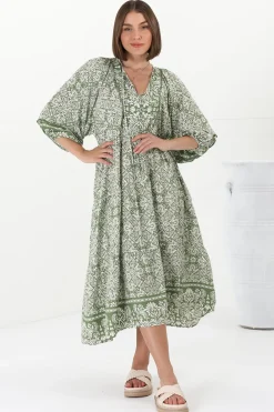 Kamali Midi Dress - Batwing Sleeve Smock Dress with Lace Detailing in Harley Print Green><noscript><img width=