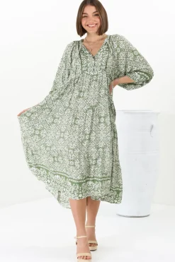 Kamali Midi Dress - Batwing Sleeve Smock Dress with Lace Detailing in Harley Print Green><noscript><img width=
