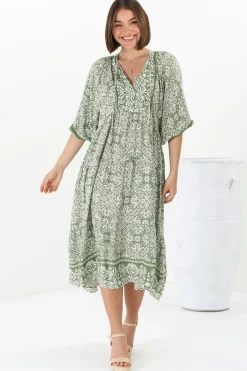 Kamali Midi Dress - Batwing Sleeve Smock Dress with Lace Detailing in Harley Print Green><noscript><img width=