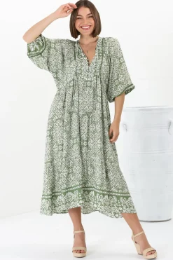 Kamali Midi Dress - Batwing Sleeve Smock Dress with Lace Detailing in Harley Print Green><noscript><img width=