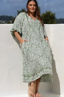 Kamali Midi Dress - Batwing Sleeve Smock Dress with Lace Detailing in Harley Print Green><noscript><img width=