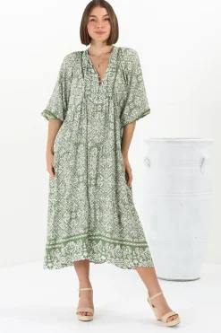 Kamali Midi Dress - Batwing Sleeve Smock Dress with Lace Detailing in Harley Print Green><noscript><img width=