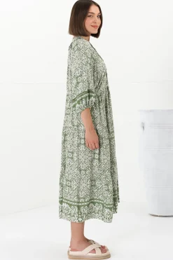 Kamali Midi Dress - Batwing Sleeve Smock Dress with Lace Detailing in Harley Print Green><noscript><img width=
