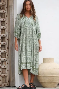 Kamali Midi Dress - Batwing Sleeve Smock Dress with Lace Detailing in Harley Print Green><noscript><img width=