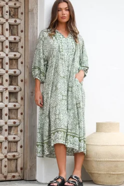 Kamali Midi Dress - Batwing Sleeve Smock Dress with Lace Detailing in Harley Print Green><noscript><img width=