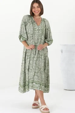 Kamali Midi Dress - Batwing Sleeve Smock Dress with Lace Detailing in Harley Print Green><noscript><img width=