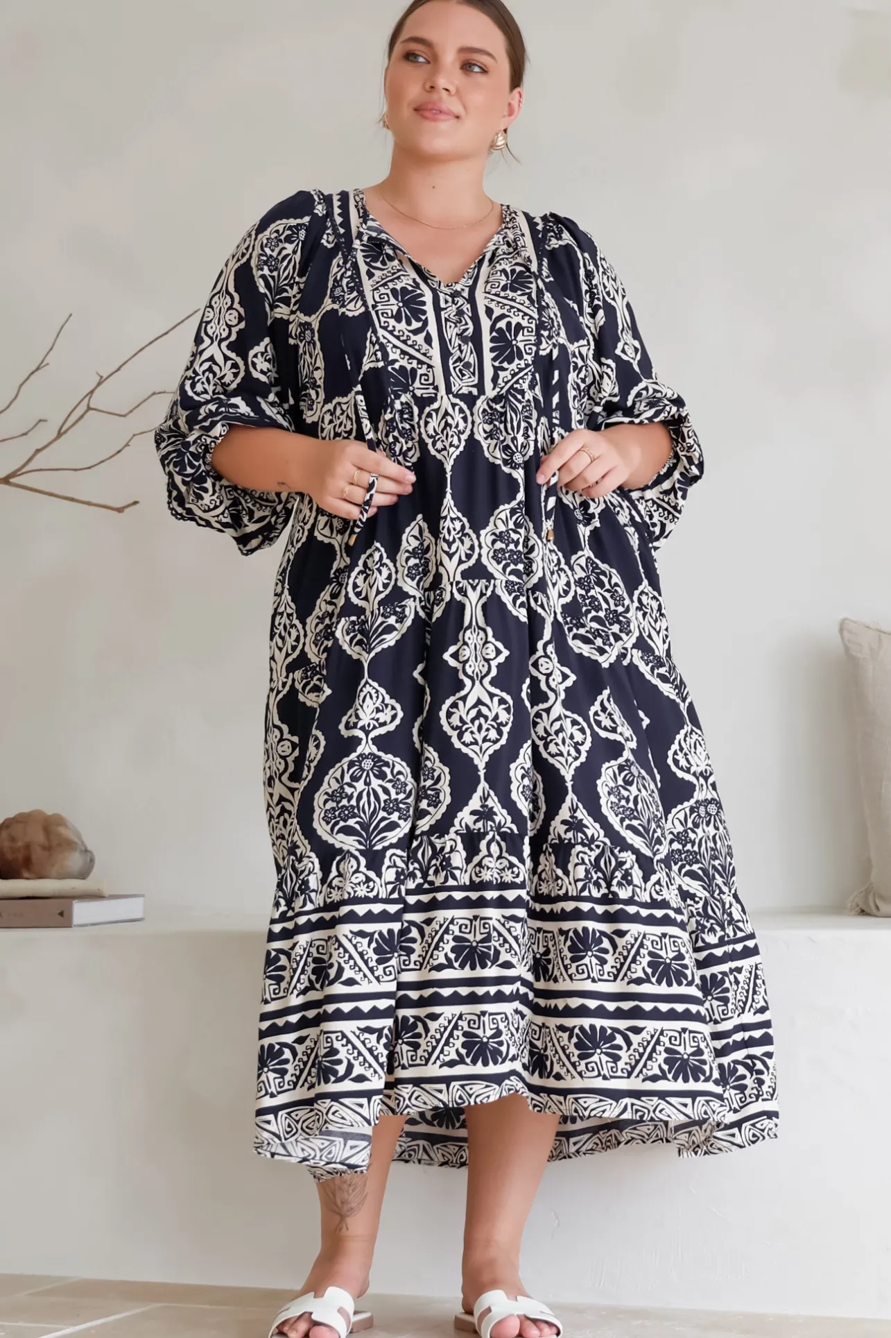 Kamali Midi Dress - Batwing Sleeve Smock Dress with Lace Detailing in Belle Print Navy>Salty Crush Discount