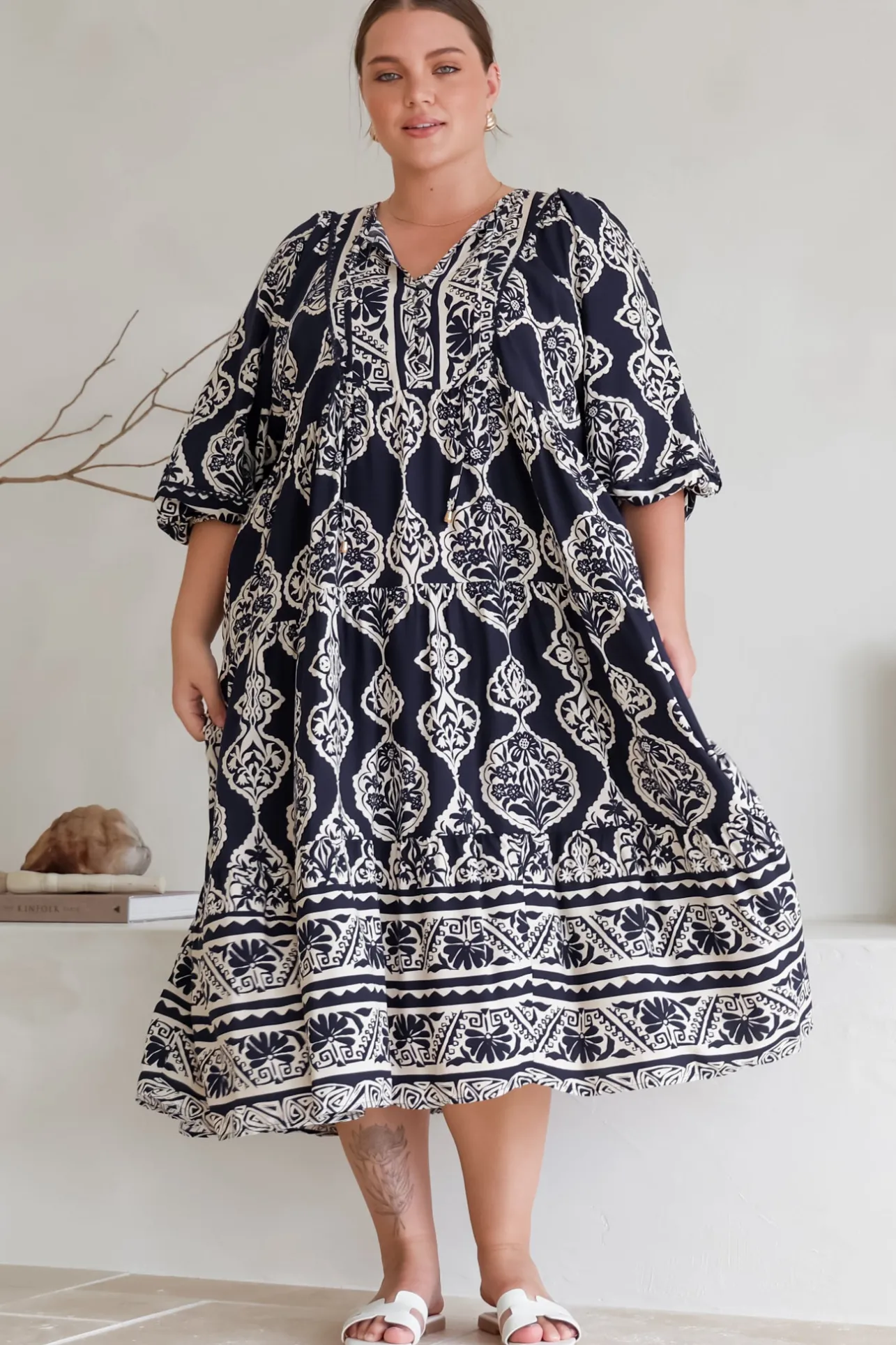 Kamali Midi Dress - Batwing Sleeve Smock Dress with Lace Detailing in Belle Print Navy>Salty Crush Discount