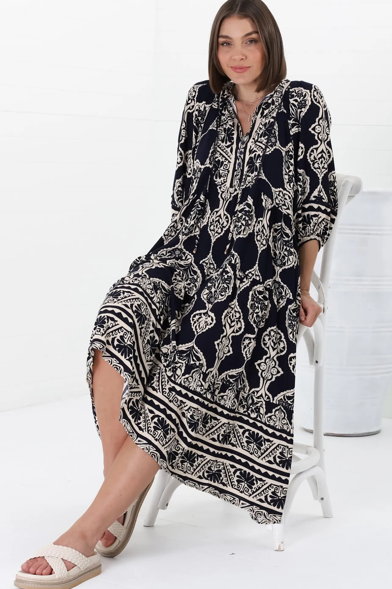 Kamali Midi Dress - Batwing Sleeve Smock Dress with Lace Detailing in Belle Print Navy>Salty Crush Discount
