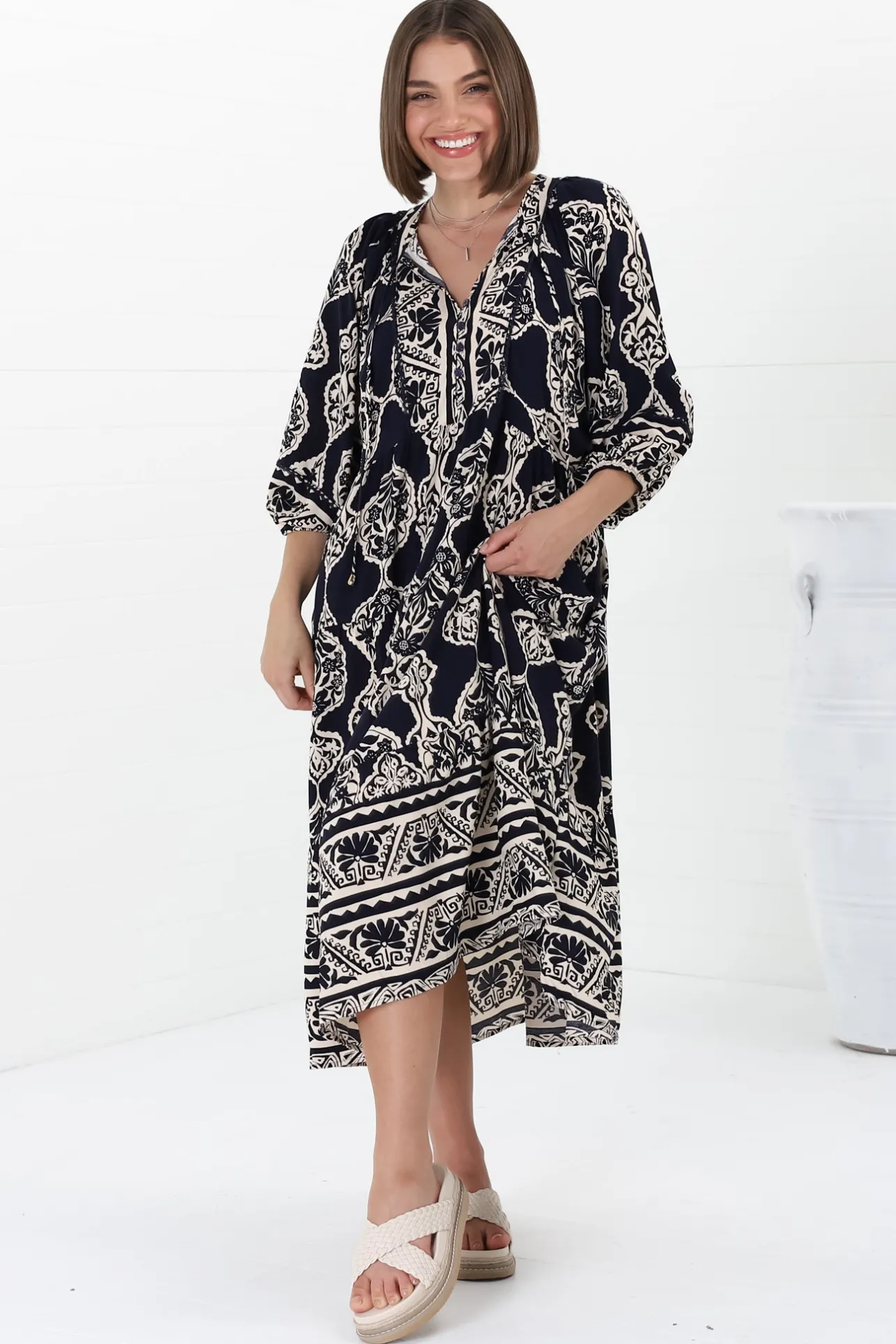 Kamali Midi Dress - Batwing Sleeve Smock Dress with Lace Detailing in Belle Print Navy>Salty Crush Discount