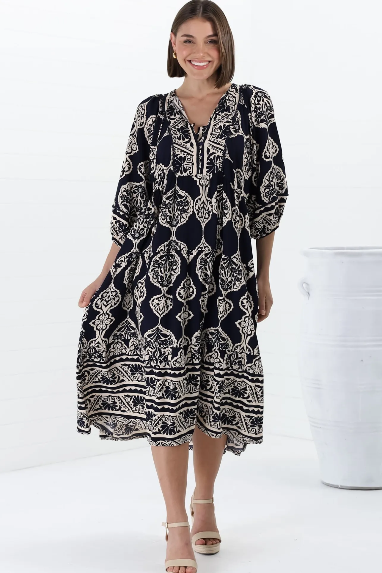 Kamali Midi Dress - Batwing Sleeve Smock Dress with Lace Detailing in Belle Print Navy>Salty Crush Discount