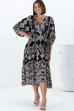 Kamali Midi Dress - Batwing Sleeve Smock Dress with Lace Detailing in Belle Print Navy><noscript><img width=