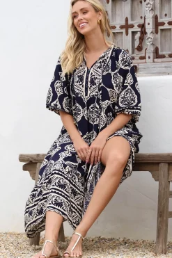 Kamali Midi Dress - Batwing Sleeve Smock Dress with Lace Detailing in Belle Print Navy><noscript><img width=